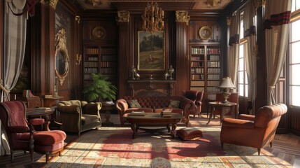 Classic living room in brown tones with paintings and books.
