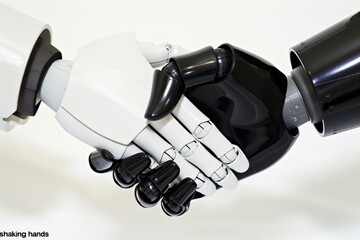 Two robot hands shaking hands. The robot on the left is white and the robot on the right is black