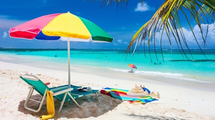 A colorful beach umbrella is set up on a sandy beach. The umbrella is open and provides shade for a couple of chairs and a beach towel. The beach is crowded with people enjoying the sunny day