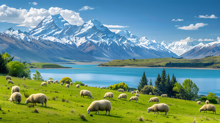 Panoramic View of New Zealand's Natural Beauty – Sheep Grazing, Lake Tekapo, and Snow-Capped Mountains - obrazy, fototapety, plakaty