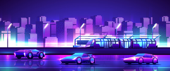 Nightlife in the city scene. Luxury cars drive on the road to public transport tram station background.