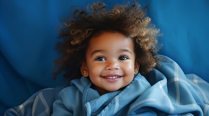 Portrait of a cute little african american child with curly hair on blue background.