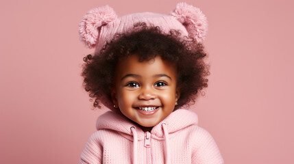 Portrait of a cute little african american child with curly hair on pink background.