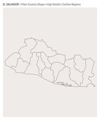Republic of El Salvador plain country map. High Details. Outline Regions style. Shape of Republic of El Salvador. Vector illustration.