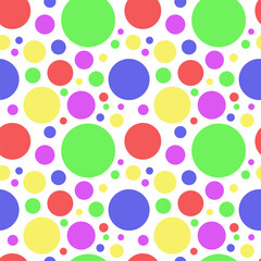 Abstract colorful pastel dynamic circles seamless pattern on white background, fabric texture, gift wrapping
