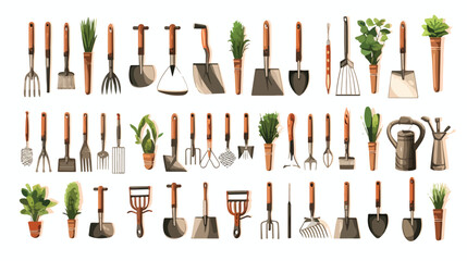 Illustration of gardening tools on white 2d flat ca - obrazy, fototapety, plakaty