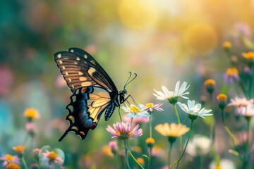 Swallowtail butterfly flutters with elegance over a vibrant wildflower field, illuminated by sunlight