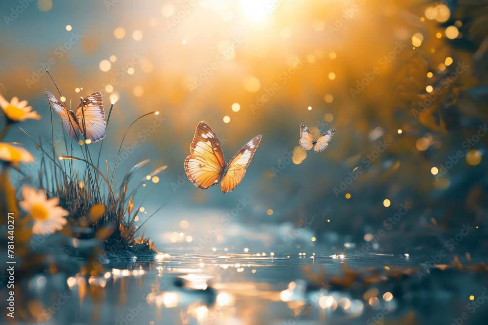 Poster tranquil nature scene showing butterflies hovering over water with golden light filtering through