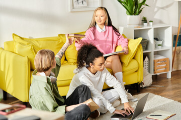 Diverse group of children happily sit together on top of a vibrant yellow couch.