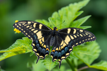 Macro photograph captures the intricate patterns of a swallowtail butterfly resting on a vibrant...