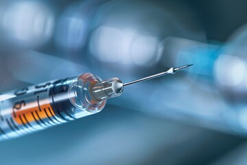 Closeup of a needle syringe extracting a biopsy sample, with a clear focus on the syringe and sample