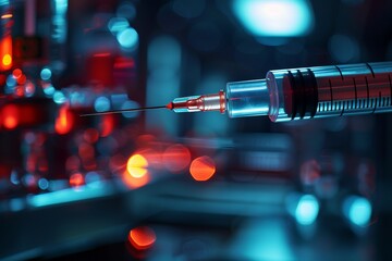 Closeup of a needle syringe extracting a biopsy sample, with a clear focus on the syringe and sample