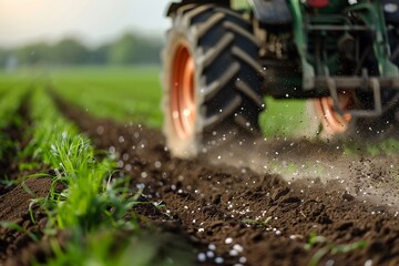 Closeup of tractor wheels and potash fertilizer being spread on a verdant wheat field, with a focus on the machinery and agricultural process