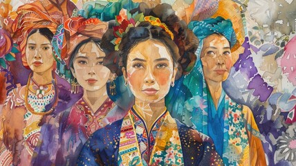 watercolor portraits showcasing the traditional clothing of different cultures, with each figure reflecting their cultural heritag - obrazy, fototapety, plakaty