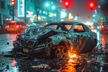 A car lies on its side in the middle of the street after a hit and run accident, causing damage and blocking traffic - obrazy, fototapety, plakaty
