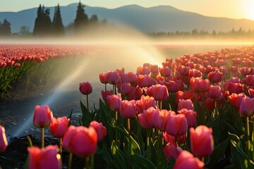 Tulip field with sprinklers at sunrise - obrazy, fototapety, plakaty