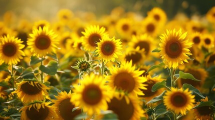 Fototapeta premium Endless field of sunflowers illuminated by the sun, harvest and agricultural business concept 
