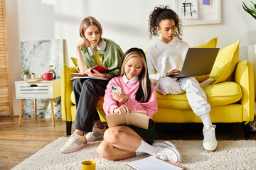 Three diverse teenage girls engrossed in studying together on a couch while looking at a book.