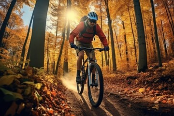 Mountain biker riding on autumn trail