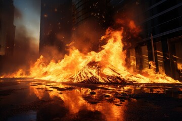 Fire engulfing wood in an urban environment