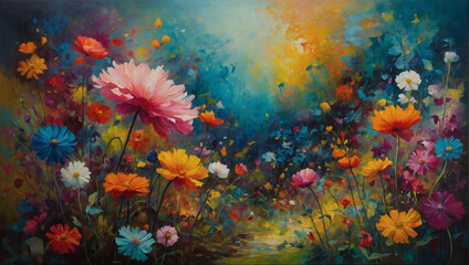Abstract oil artwork depicting a fantastical garden, where flowers dance in a riot of colors, evoking a sense of whimsy and joy. - obrazy, fototapety, plakaty