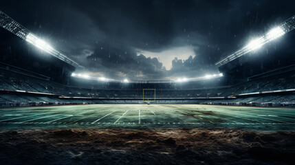 American football stadium, with its lush green field and towering stands. - obrazy, fototapety, plakaty