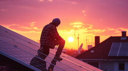Workers install solar panels in a private house. Alternative concept of electricity, future ecosystem technologies