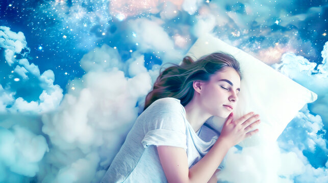 Young woman in peaceful slumber in soft, blue clouds, embodies the essence of tranquil rest and heavenly dreams, suggesting ultimate comfort and rejuvenation that of healthy sleep and wellbeing