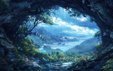 Digital art depicting an enchanted world featuring a hidden cavern in a mysterious landscape. - obrazy, fototapety, plakaty