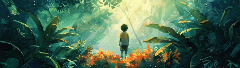 A young child is standing on massive green foliage while gazing up at the sun in a painting.