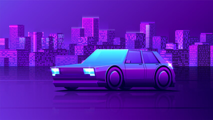 Side view of a car stands on a city background. Night cyberpunk road scene.