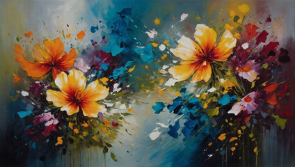 Obraz na płótnie Canvas Abstract oil painting of flowers in full bloom, their colors and shapes merging and diverging in a captivating display of artistic expression.