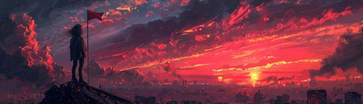 An illustration painting of a young woman holding a flag while standing amidst the ruins of a city, gazing up at the clouds in the crimson sky, created in a digital art style.