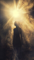 Silhouette of an angelic woman standing in mist