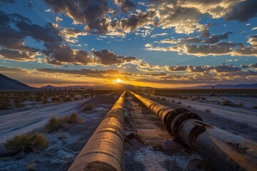 Desert Pipeline at Sunset - obrazy, fototapety, plakaty
