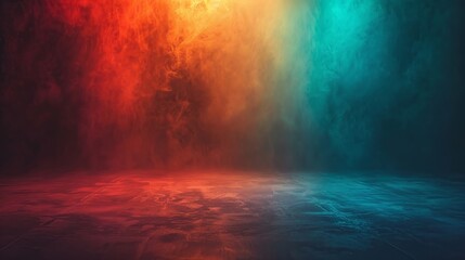 Create a stylish poster design with a dark, grainy gradient background in teal, orange, light blue, black, and red with noise texture and glowing colors. - obrazy, fototapety, plakaty
