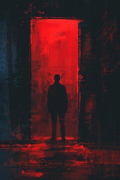 A person standing in front of the entrance with a sinister look, murder theme, artistic depiction.
