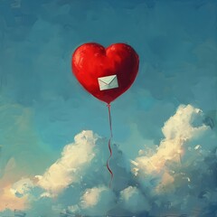 A crimson helium balloon carrying a romantic note gliding gracefully above the fluffy, white clouds in an exquisite artistic depiction.