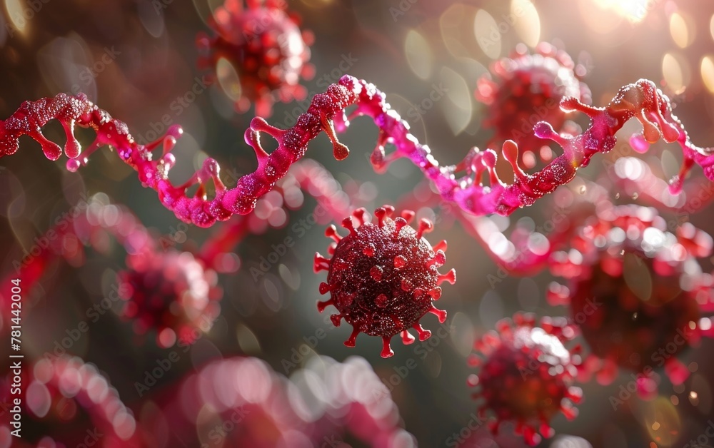 Poster a realistic depiction of virus particles invading a genetic sequence.