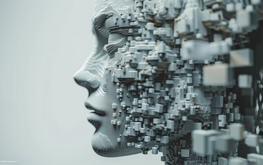 This voxel artwork features a modern take on a person's face constructed using geometric forms, perfect for promoting online content or technology-inspired ventures.