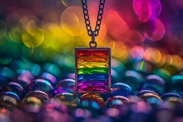 Vibrant Macro Photograph of a Rainbow Pride Necklace Against a Bokeh Background - obrazy, fototapety, plakaty