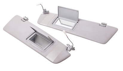 Sun visor with a mirror made of light gray plastic on a white background in a photo studio. Spare part of the car interior for replacement in a car service or for sale on auto dismantling.