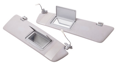 Sun visor with a mirror made of light gray plastic on a white background in a photo studio. Spare part of the car interior for replacement in a car service or for sale on auto dismantling.