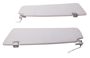 Sun visor with a mirror made of light gray plastic on a white background in a photo studio. Spare part of the car interior for replacement in a car service or for sale on auto dismantling.