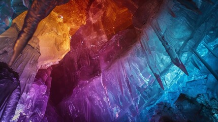 Crystal caverns shimmering under a bioluminescent ceiling, vibrant colors, no external light, inside view, wide lens