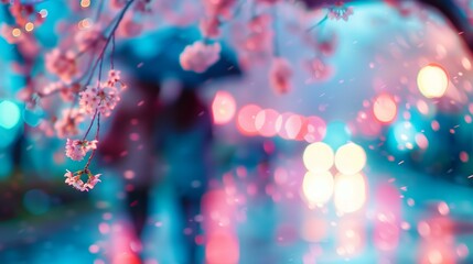photo close up a couple sharing an umbrella on a rainy day, blooming cherry trees in background pastels and reflective wet surfaces, blurred