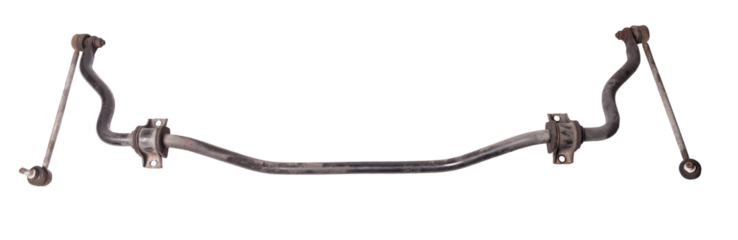 Metal anti-roll bar stabilizer - a device in vehicle suspension that serves to reduce lateral rolls in corners, it was used on a white isolated for installation or repair in workshop