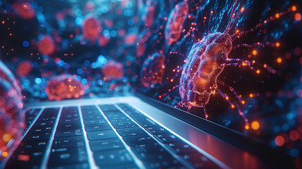 "Neurogenesis in Silicon: A Digital Brain"
Close-up of a laptop keyboard illuminated by a mesmerizing display of neuron-like structures, symbolizing the convergence of biology and technology.