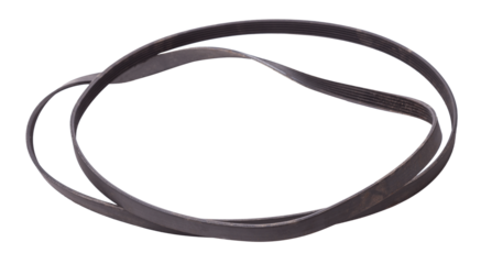 V-ribbed engine belt made of black rubber on a white isolated background in a photo studio of auto parts for replacement during repair or for a catalog of spare parts for sale on auto analysis.