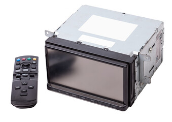 Obraz premium an media audio system and a radio in gray and black plastic of car with cd and mp3 music on white isolated background